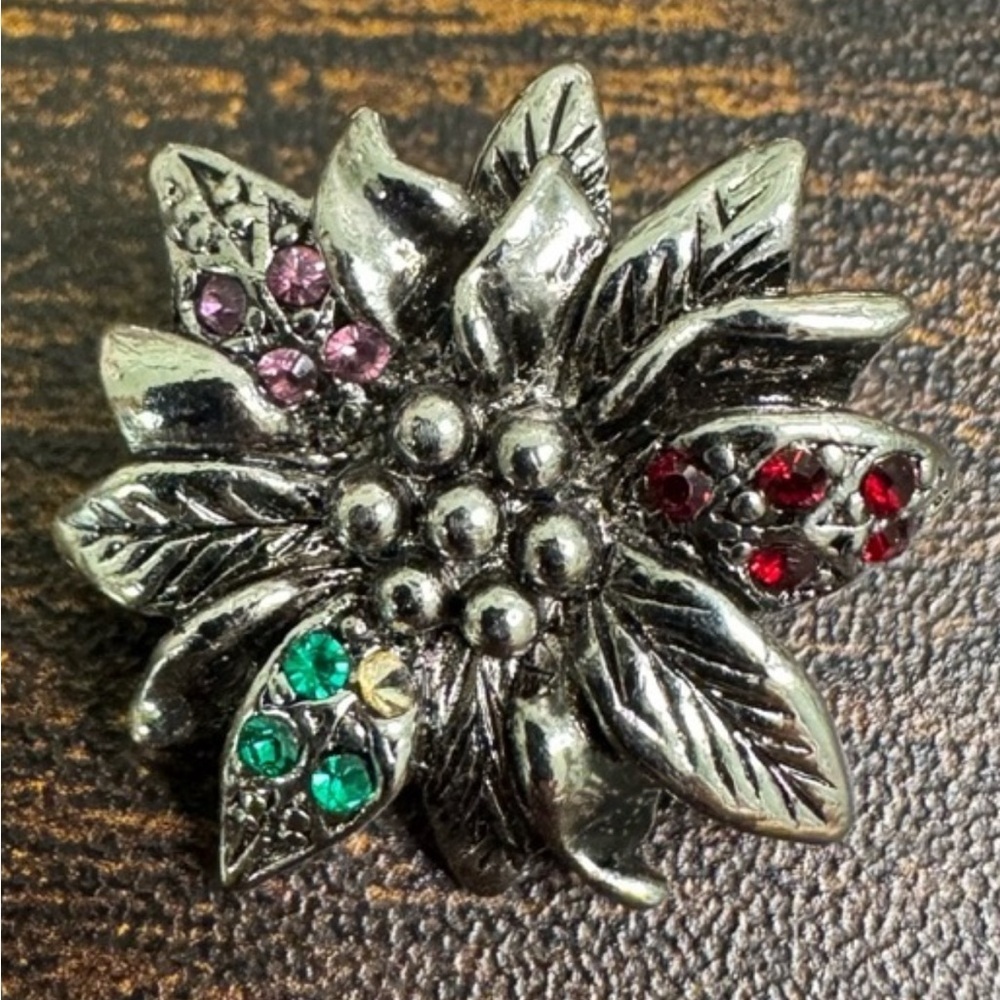 Elegant Silver Poinsettia Floral Brooch with Red, Pink, and Green Accents